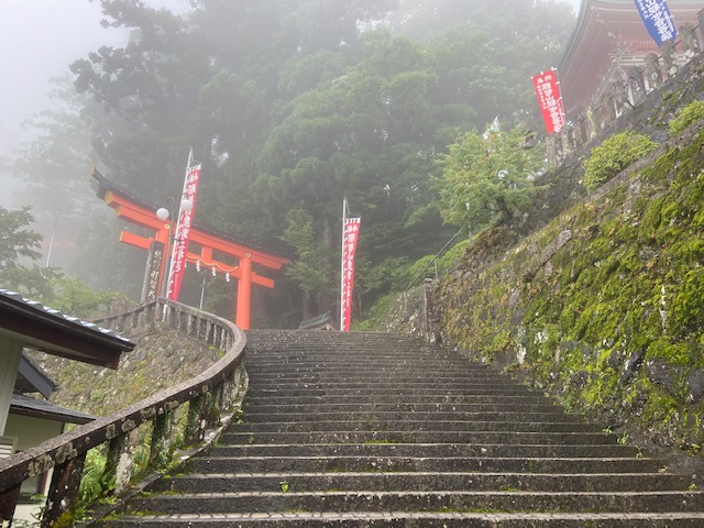霧の中を階段を参道を400段くらい登る
